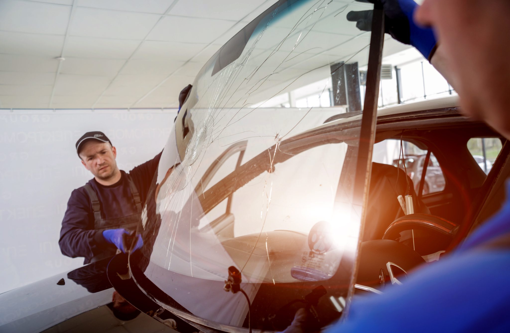 Chrysler Pacifica windshield replacement in Phoenix, Arizona - old windshield being removed at an auto glass shop